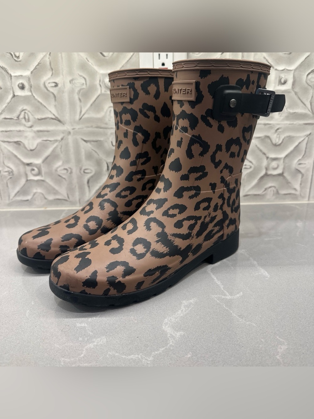 Hunter Leopard Print Short Rain Boots in Brown and Black